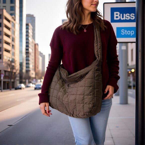 Women's Brown Lightweight Cotton Puffy Quilted Hobo Bag Retro Soft Shoulder Bag - Picture 5 of 7